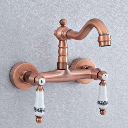 Antique Copper Wall Mount Basin Faucets Dual Handles Mixer Tap Hot Cold Water Mixer Tap For Kitchen 360 Rotation Kitchen Mixer
