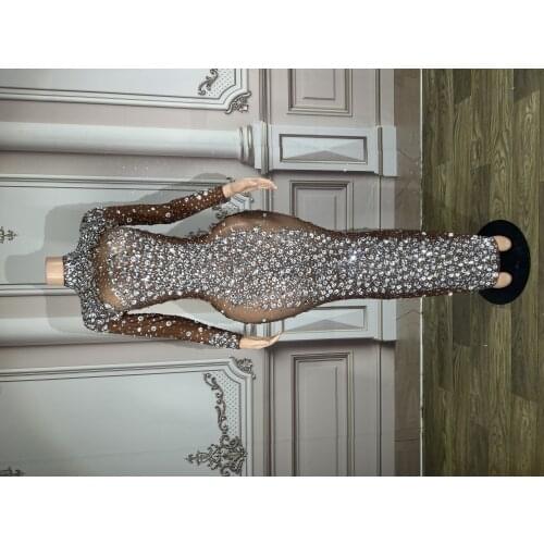 Sparkly Silver Big Rhinestone Transparent Long Dress Evening Birthday Celebrate Luxurious Costume Dancer Flashing Dress