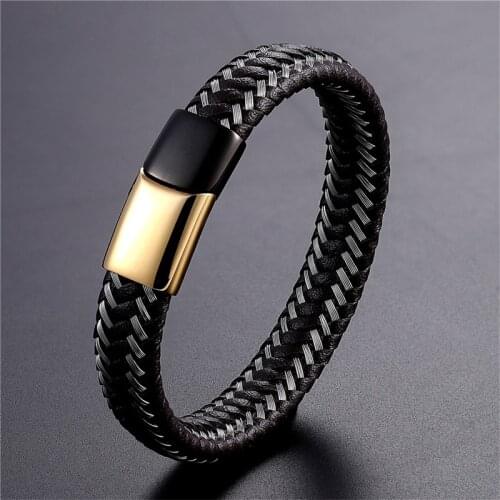2019 Jewelry Punk Black Braided Geunine Leather Bracelet Professional Design Stainless Steel Magnetic Buckle Bangles 19/21/23cm