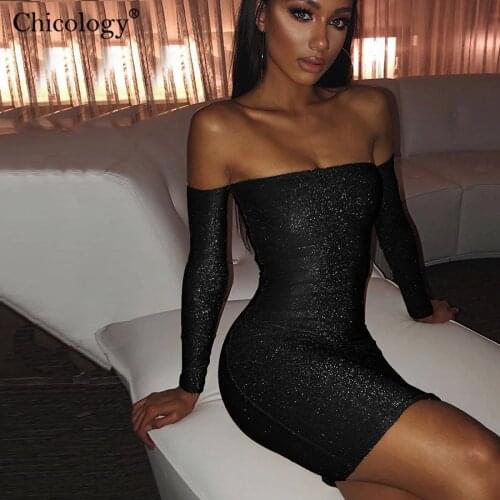 Chicology Metallic Glitter Sparkle Off Shoulder Long Sleeve Bodycon Mini Party Dress 2020 Autumn Winter Women Sexy Club Clothes