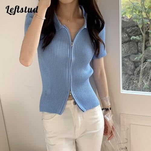 European and American fashion lapel zipper sweater womens 2021 summer new style Korean design slim short-sleeved ice silk top