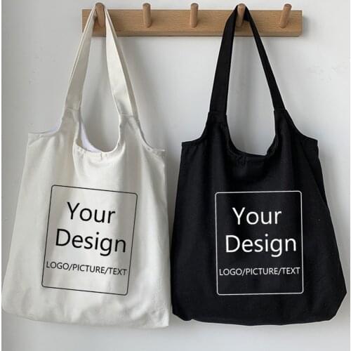 Custom Tote Bag Shopping Your Text Print Picture Logo Design White Black Unisex Fashion Travel Canvas Bags Shoulder Bags Button