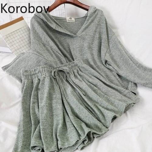 Korobov Korean Loose Casual Hooded Collar Long Sleeve Sets Vintage High Waist Elastics Shorts Women Two Pieces Outfits Suits