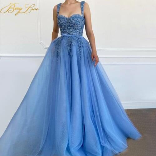 Berylove Royal Blue Tulle Long Lace Evening Dress Sexy Sweetheart Spaghetti Straps Formal Party Dress Prom Flower Applique Gown