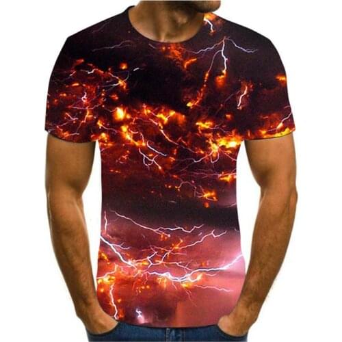 Summer MenS 3d Printing T-Shirt Lightning Scenery Printing T-Shirt MenS T-Shirt Summer Black T-Shirt Round Neck Beach T-Shirt
