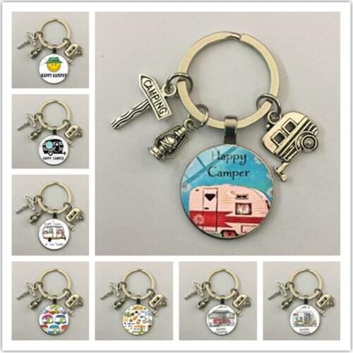 LKLRYWBD / Car Camper Keychain Cartoon Cute Tourist Cabochon Glass Handmade Keychain Traveler Beautiful Keychain Gift
