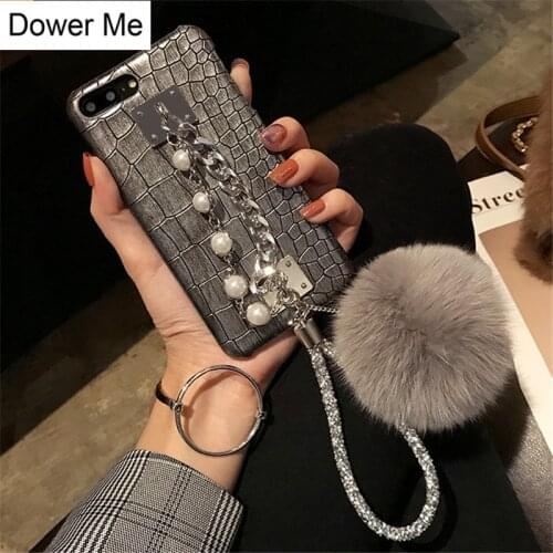Fashion Pearl Crystal Hand Chain Rabbit Fur Ball Grey Crocodile PU Case Cover For iPhone 12 Mini 11 Pro XS Max XR X 8 7 6S Plus
