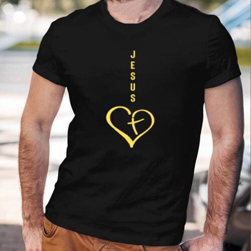 Jesus Heart Christian Cross Mens Cotton T Shirt Fashion Summer Casual Short Sleeve Black White Tops Loose O Neck Hot Sale Tee