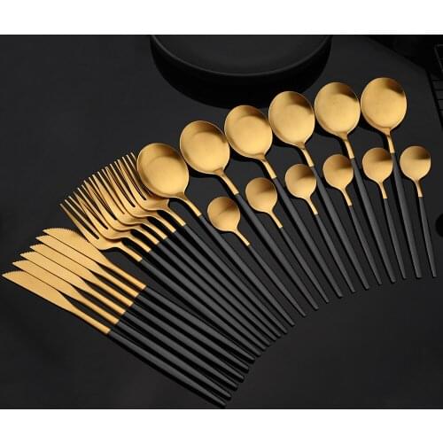 Dinnerware Set 24Pcs Matte Black Handle Gold Cutlery Set Stainless Steel Dinner Fork Knife Teaspoon Tableware Home Flatware Set