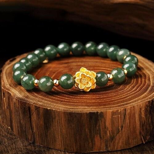 Genuine 24K Yellow Gold Lotus Flower with Natural Grade A Jadeite Beads Bracelet Length from 5" to 15" For Lady