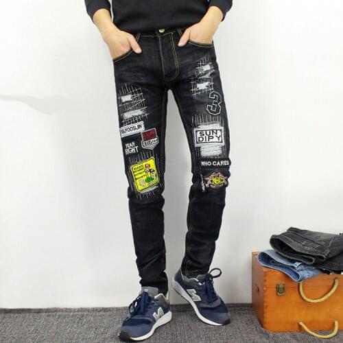 New Men Denim Pants Embroidery Floral Cotton Straight Long Jeans Mens Stretch Hole Patch Blue Black Casual Slim Straight Jeans
