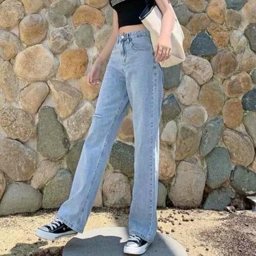 Autumn Winter 2020 Korean Hyuna Ripped Daddy Jeans Womens High Waist Loose Wide Leg Pants Draping Straight Mopping Pants