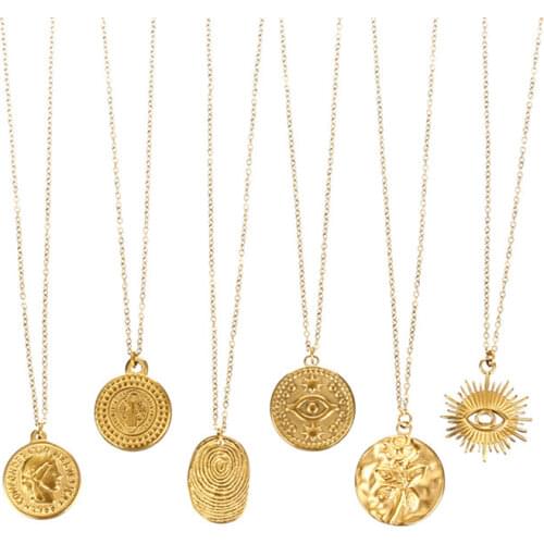 Trendy stainless real gold Plated necklace moon Peace feather round piece pendent necklace woman necklaces jewellery for women