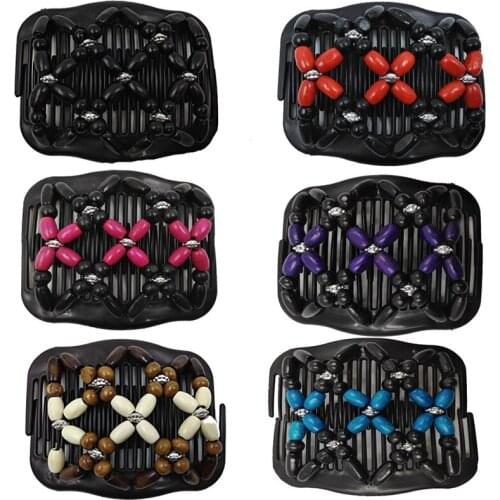 Plastic Hair Combs Vintage Wood Bead Stretchy Double Hair Clip Combs Women Girls Hairpins Hair Styling Decoration, 6 Colors