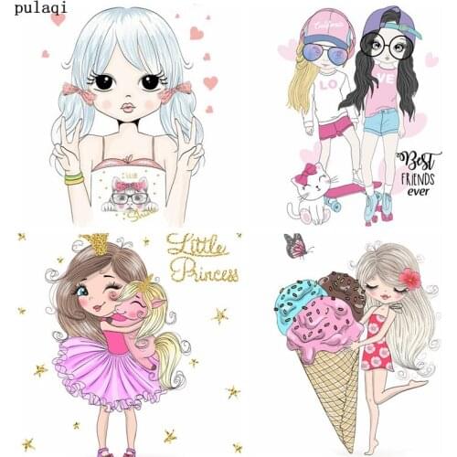 Pulaqi DIY Thermo Stickers Girl Iron on Transfer Stripes for Clothes Patch Heat Transfer Vinyl Iron Cartoon Applique on Clothes