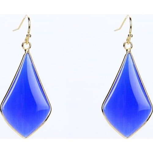 New Light Yellow Gold Color Pink Quartz Blue Gray Cat Eye Stone Rhombus Earrings For Female Jewelry Natural Stone Dangle Earring