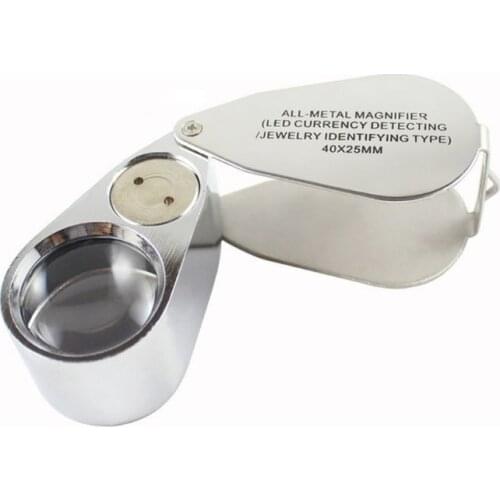 40X25mm Mini Foldable Pocket Magnifier Glass Jewelry Loupe Metal Illuminated Magnifying Glass Tool with LED Light Lamp