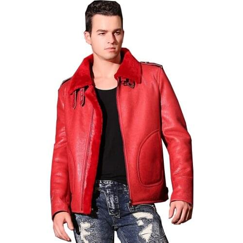Quality Thick sheepskin coat shearling fur coat Male Formal Red Shearling Clothing genuine shearling coat for men Outwear