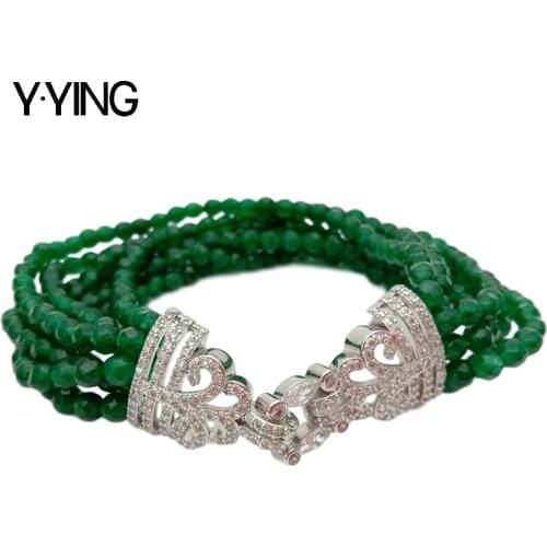 Y·YING 8'' natural 7 Rows 4mm faceted round Green stone Bracelet Cubic Zirconia pave Clasp office style for women