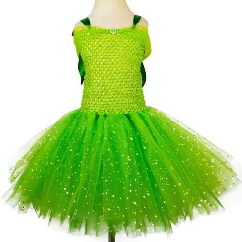 Girls Green Glitter Tulle Tutu Dress Kids Crochet Flower Fairy Dress Ball Gown Children Christmas Cosplay Party Costume Dresses