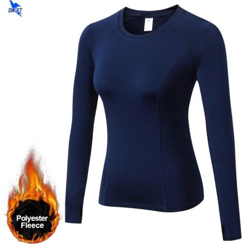 Fleece Lined Winter Womens O Neck Thermal Compression Shirt Elastic Warm Long Sleeve Longies Tshirt Fitness Running Yoga Tops
