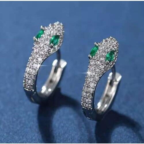 Copper Silver Plated Women Zircon Green Eye Snake Hoop Earring Delicate Crystal Brincos piercing Animal Jewelry Dropshipping