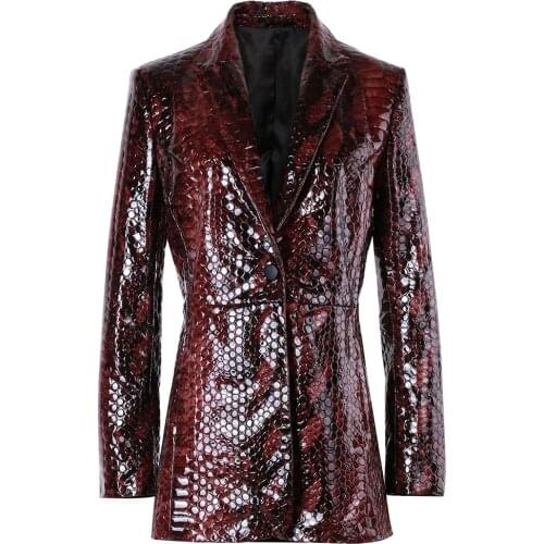YOLOAgain Snake Print Elagant Slim Genuine Leather Blazer Jacket Women Ladies