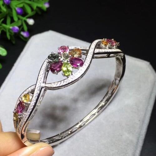 Natural Multicolor tourma Bangles Natural gemstone irregular Flowers Bangles S925 silver bracelet women anniversary jewelry