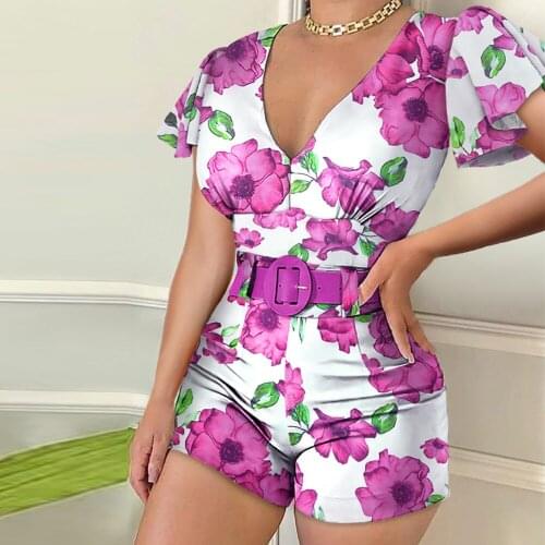 Women Close-fitting Playsuit 2021 Summer White Floral Printed Pattern V-neck Short Sleeve Romper S/ M/ L/ XL