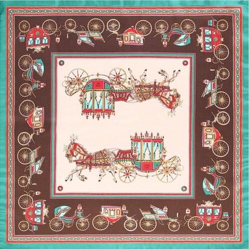 POBING 100% Silk Scarf Woman Horse Carriage Print Square Scarves Luxury Bandanas Small Hijab Foulards Lady Tie Headband 53x53CM