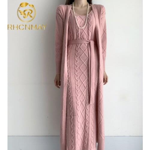 Korean Fashion Ladies Sweater Suit 2020 Autumn Winter Solid Color Long Cardigan Sweater + Knitted Suspender Dress Two-Piece Suit