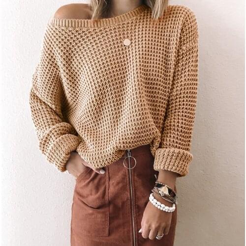 Women Long Sleeve Knitted Sweater Pullover Elegant Loose Round Neck Khaki Sweater Female Autumn Casual Sweater Jumper Wholesale