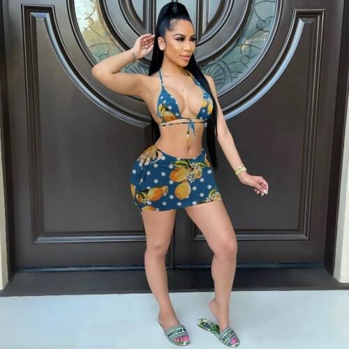 2021 Summer Casual Fashion Women Slimming Street Sexy Print Hangneck V-neck Swimsuit Two-Piece Set