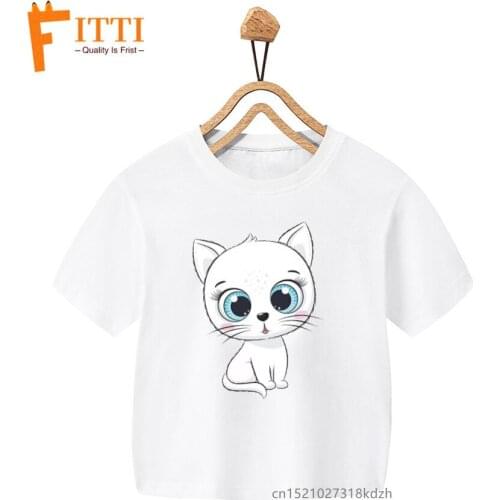 Cute Kitten Flower Print Girl White T-shirt Kid Summer Kawaii Funny Clothes Little Baby Animal Y2K Clothes,Drop Ship