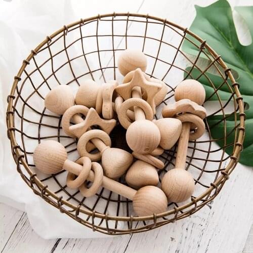 1PC Baby Wooden Rattle Toys Beech Rings Food Grade Wooden Education Toys Bed Bell Rodent For Kids DIY Products Babies Mobile