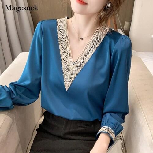 Elegant Lace Chiffon Satin Shirt Women Autumn New Long Sleeve V Neck Loose Woman Blouses Office Lady Tops Female Clothing 16134