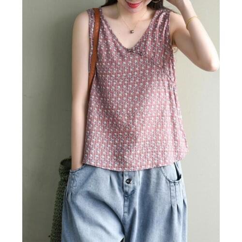 Summer New Arts Style Women Sleeveless Loose Casual V-neck Tank Tops Vintage Print Cotton Linen Tank Femme Top Quality M271