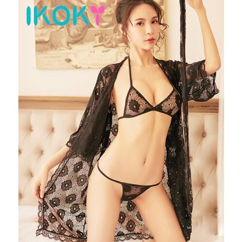IKOKY Transparent Women Underwear Nightwear Bathrobe Erotic Lingerie Exotic Sets Lace Sexy Lingerie Sex Toys for Women G-string