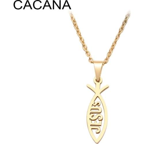 CACANA Stainless Steel Necklace For Women Man Lovers Sharp Jesus Fish Shape Color Pendant Necklace Engagement Jewelry