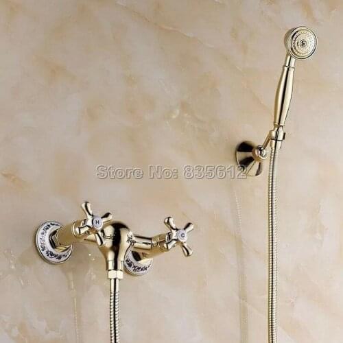 Gold Color Brass Wall Mounted Bathroom Handheld Shower Faucet Set Cold and Hot Mixer Taps Wtf399