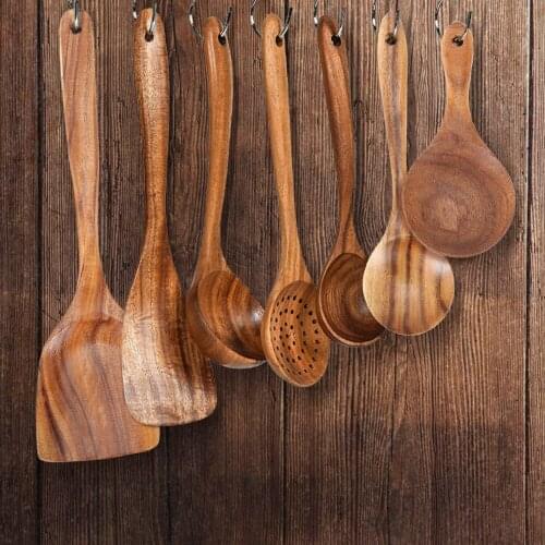 1-7pcs/set Teak Natural Wood Non-Stick Cookware Colander Spoon Finely Ground Workmanship Soup Spoon Shovel Kitchen Tool Kit