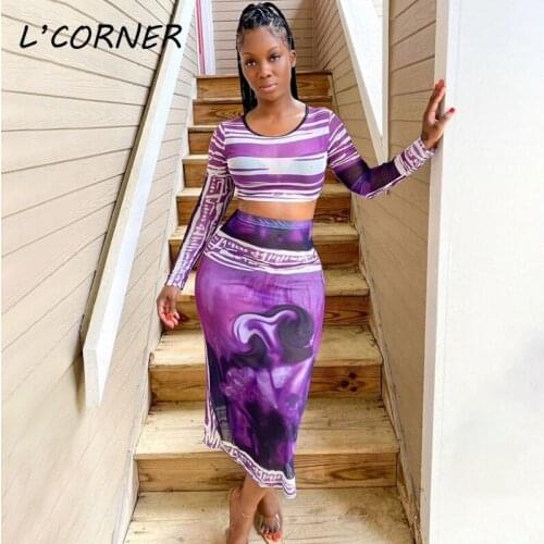 Autumn Stripe Print Sheer Mesh Two Piece Set Dress Fashion Sexy Long Sleeve Crop Top Bodycon Maxi Skirt Women Club Party Dress