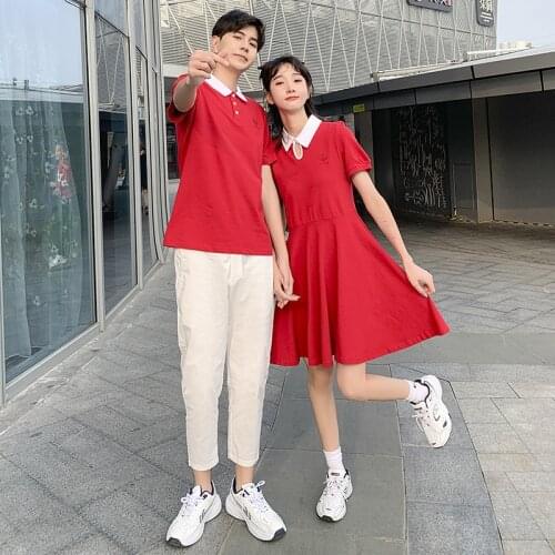 Korean Couple Matching Clothes College School Lovers Pair Red Dress Neck T-Shirts Women Men Summer Vacation Outfit Wear Set