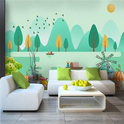 Custom 3d wallpaper modern cartoon forest bird creek castle fisherman TV background wall - silk waterproof material