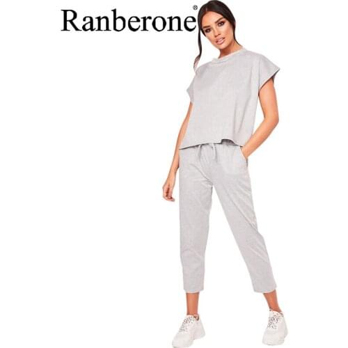 Ranberone Two Piece Casual Suit Tracksuit Women Round Neck Short Sleeve + Loose Trousers 2021 Fashion Elegant Solid Sets