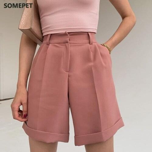 Women Solid Casual Loose Woman Shorts High Waist Half- Length Pocket Zipper 2021 Autumn Summer Shorts For Women Short Pants New