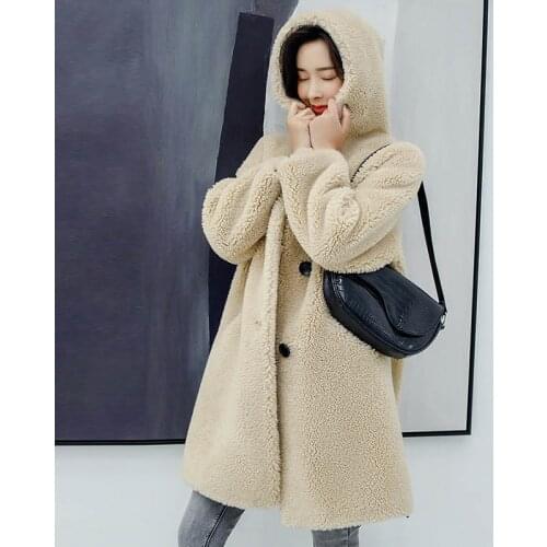 Genuine Shearling Wool Fur Coat/Jacket with Faux Suede Leather Liner Real Composite Lamb Fur Coat Women A110