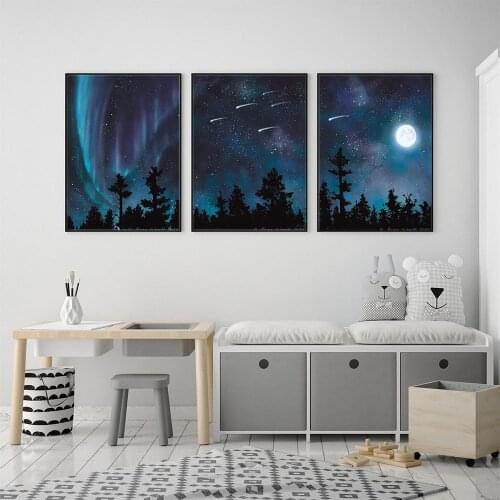 Nordic Aurora Borealis Canvas Posters Shooting Stars Night Sky Moon Trees Painting Pictures Wall Art Print Bedoom Home Decor