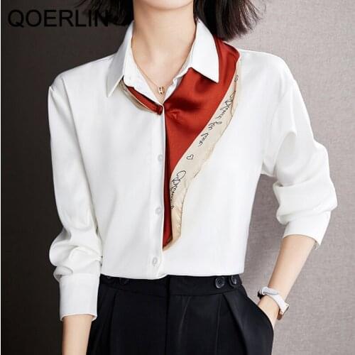 QOERLIN Stylish Design White Shirt Womens Solid Long Sleeve Shirt Fashion Scarf Blouse Plus Size Office Ladies Workwear Tops