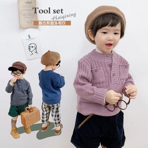 Boys Sweater 2021 Autumn Winter 2-7 Years O-Neck Knitted School with Pockets Long Sleeve Baby Kids Boys Sweaters Cotton Coat